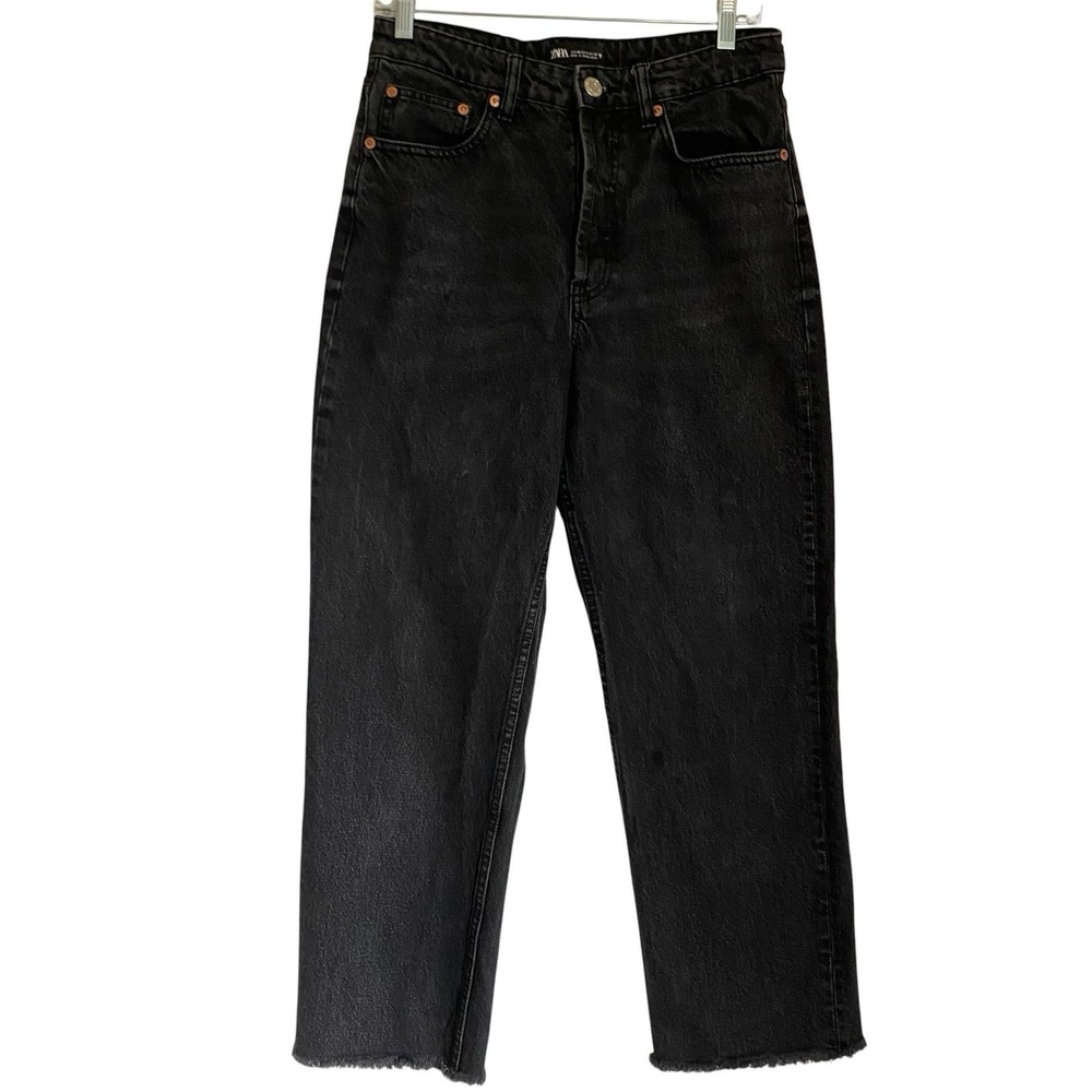 Zara High Rise Straight Jeans Women size S Raw Hem Button Fly Black Denim